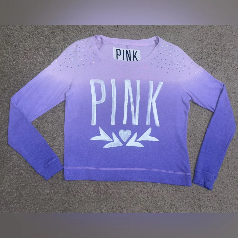 PINK Victoria’s Secret Long Sleeve Crew Neck Shirt Ombre with Rhinestones - Picture 2 of 15